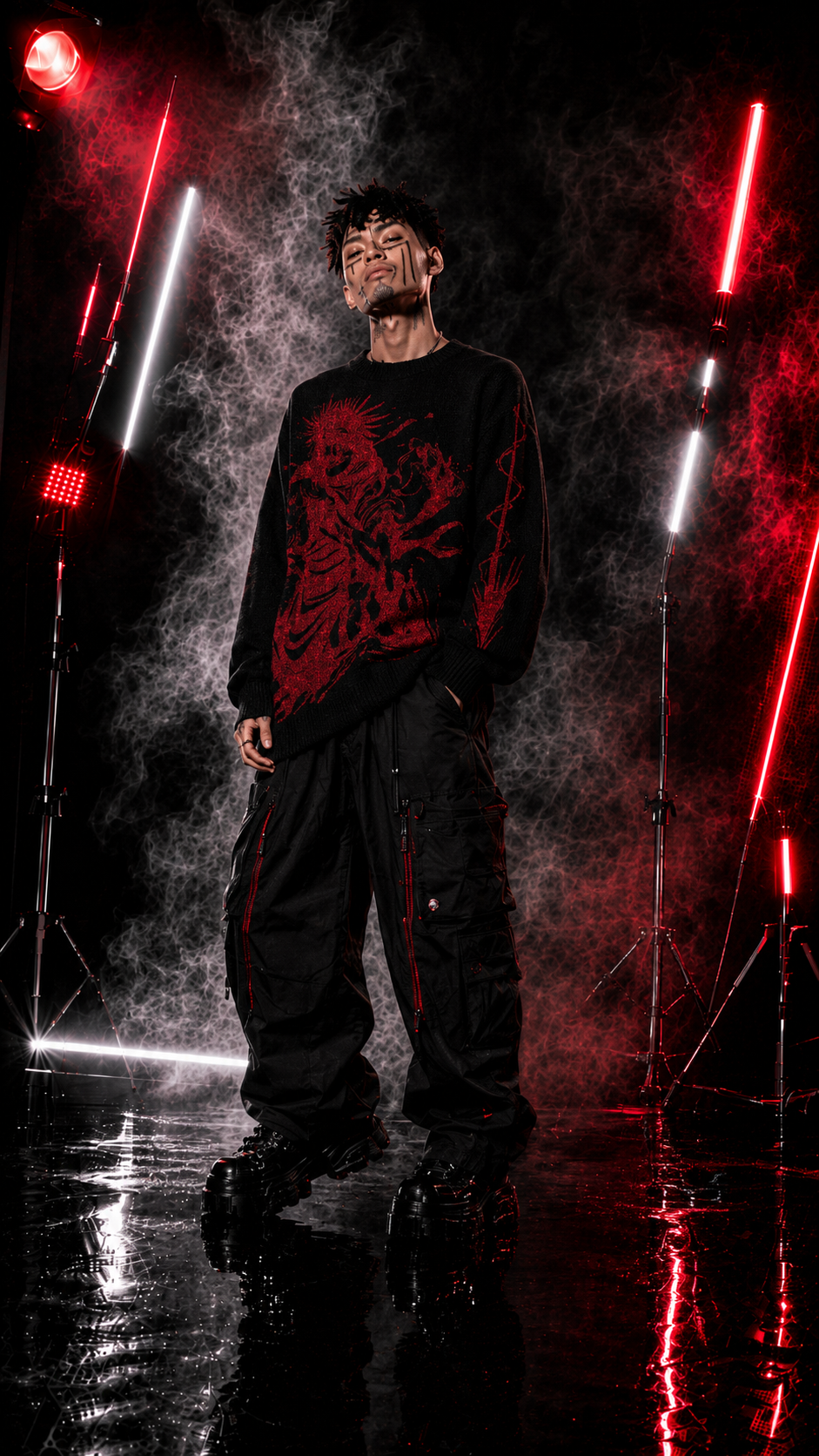 Men's Black Red Graphic Knit Sweater Crew Neck Oversized Casual Long Sleeve Pullover Streetwear