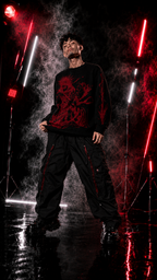 Men's Black Red Graphic Knit Sweater Crew Neck Oversized Casual Long Sleeve Pullover Streetwear