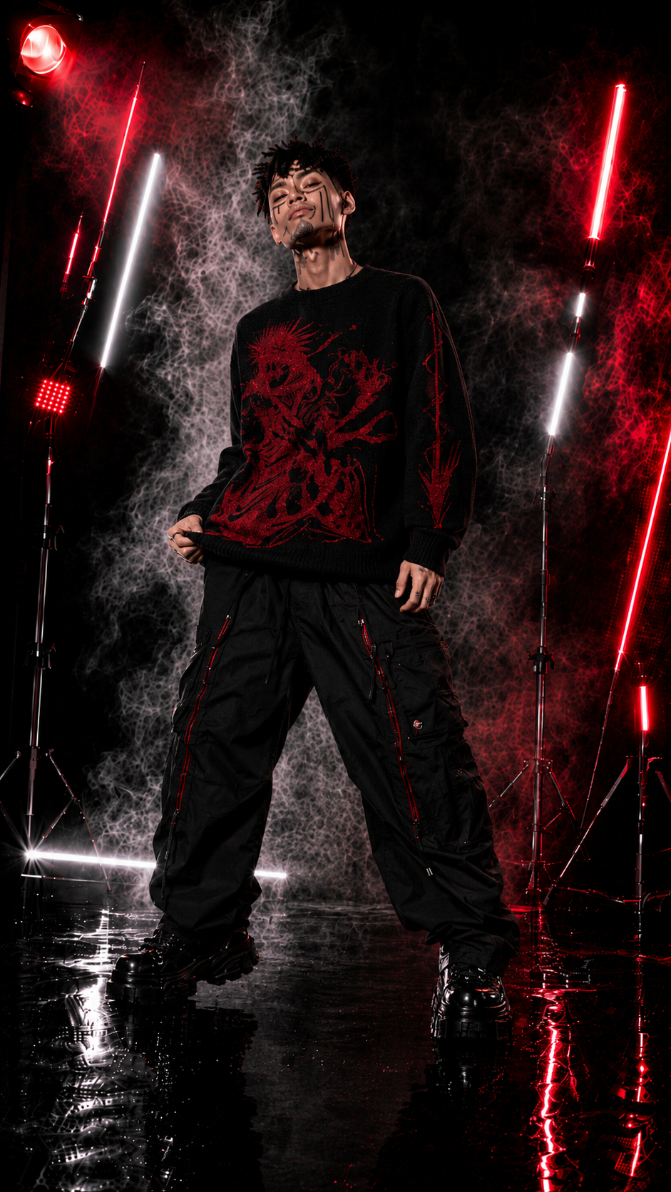 Men's Black Red Graphic Knit Sweater Crew Neck Oversized Casual Long Sleeve Pullover Streetwear