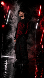 Men's Black Red Graphic Knit Sweater Crew Neck Oversized Casual Long Sleeve Pullover Streetwear