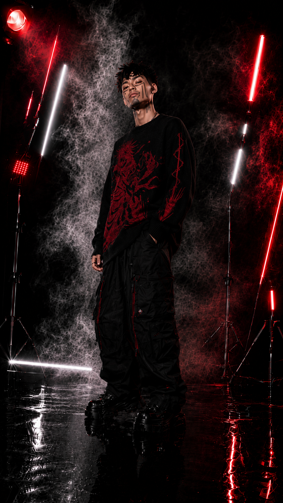 Men's Black Red Graphic Knit Sweater Crew Neck Oversized Casual Long Sleeve Pullover Streetwear