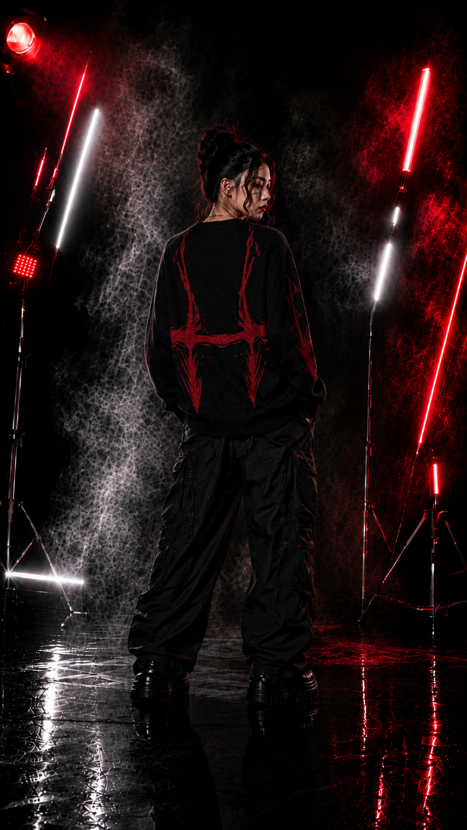 Men's Black Red Graphic Knit Sweater Crew Neck Oversized Casual Long Sleeve Pullover Streetwear