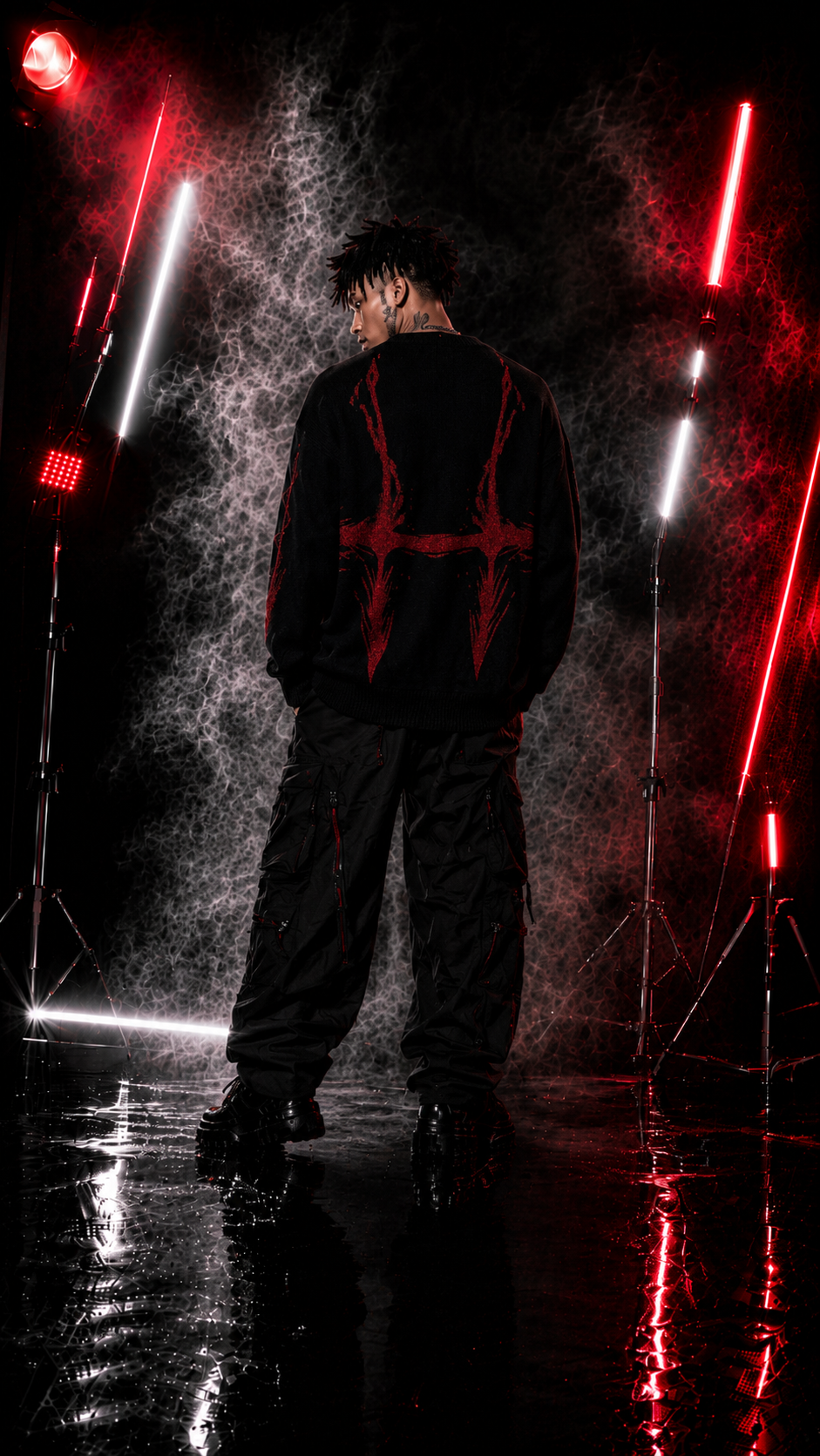 Men's Black Red Graphic Knit Sweater Crew Neck Oversized Casual Long Sleeve Pullover Streetwear