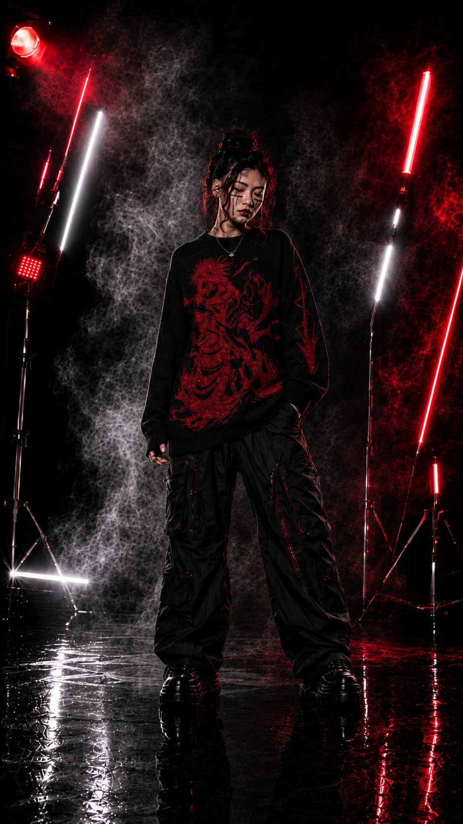 Men's Black Red Graphic Knit Sweater Crew Neck Oversized Casual Long Sleeve Pullover Streetwear