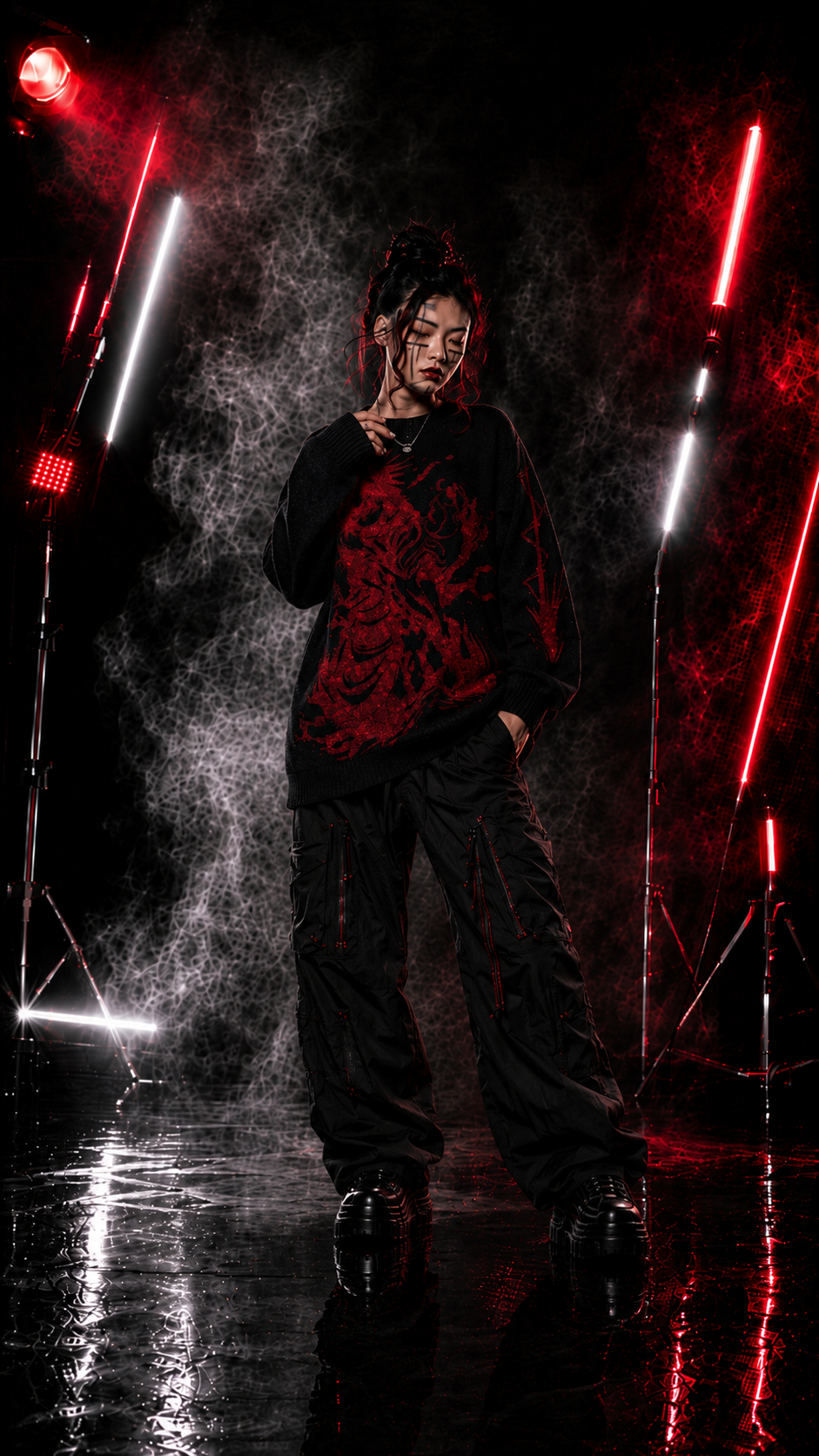 Men's Black Red Graphic Knit Sweater Crew Neck Oversized Casual Long Sleeve Pullover Streetwear
