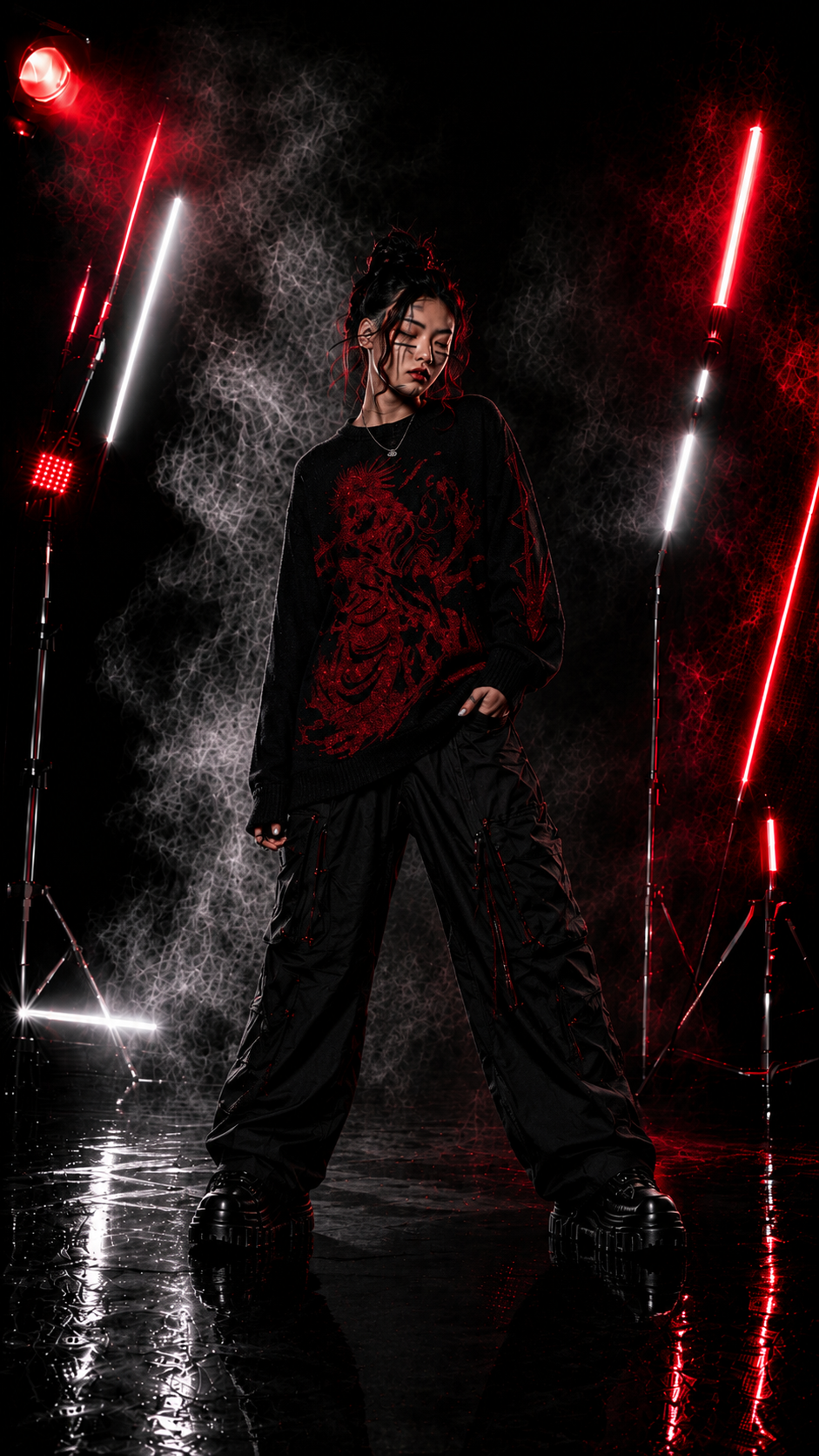 Men's Black Red Graphic Knit Sweater Crew Neck Oversized Casual Long Sleeve Pullover Streetwear