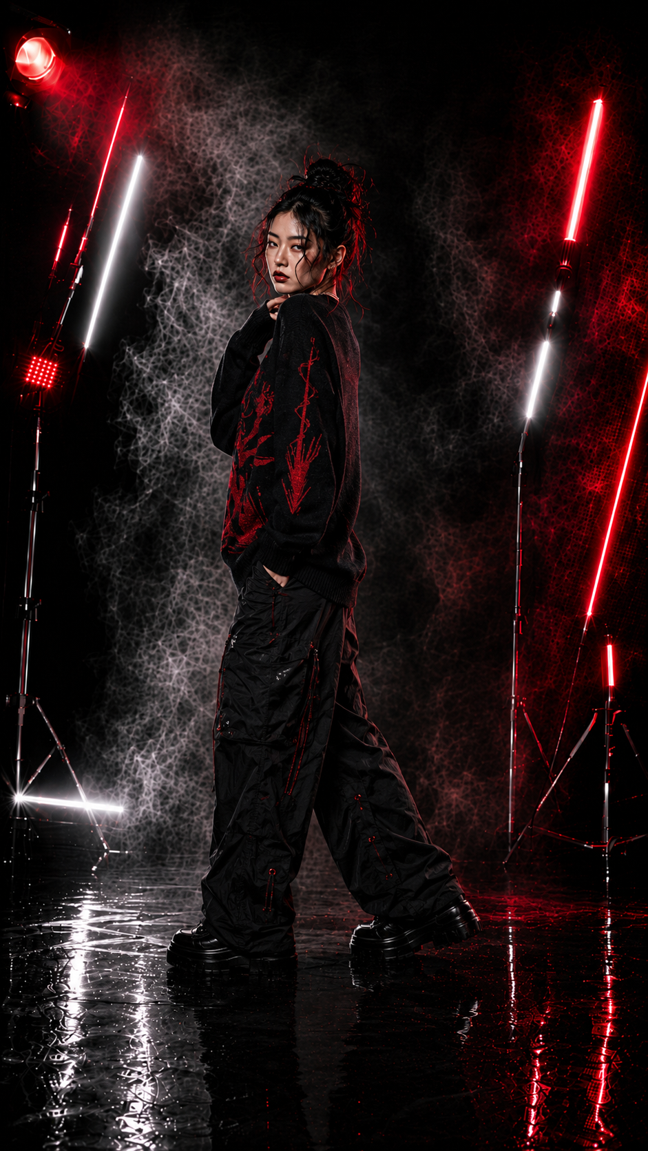Men's Black Red Graphic Knit Sweater Crew Neck Oversized Casual Long Sleeve Pullover Streetwear