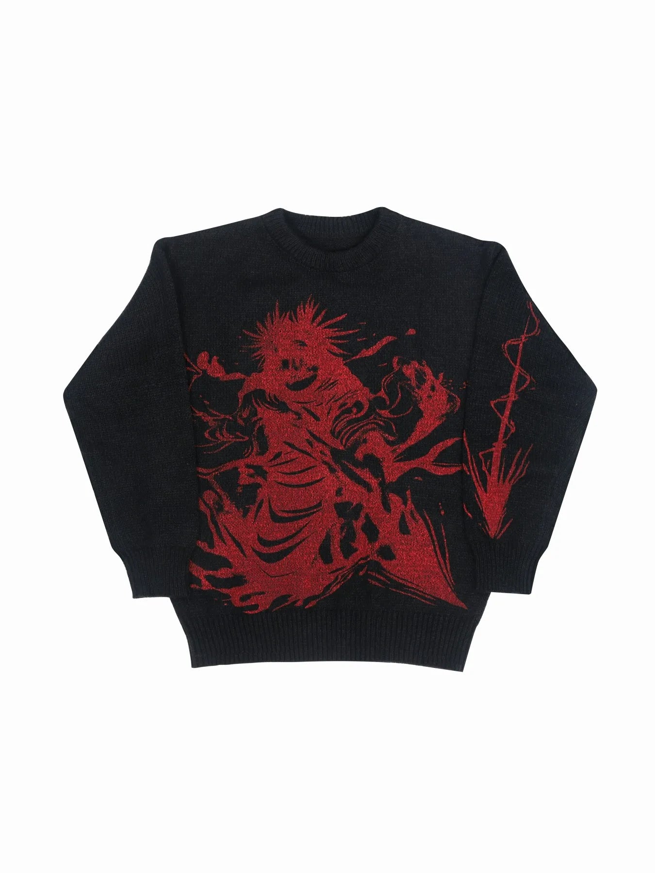 Men's Black Red Graphic Knit Sweater Crew Neck Oversized Casual Long Sleeve Pullover Streetwear