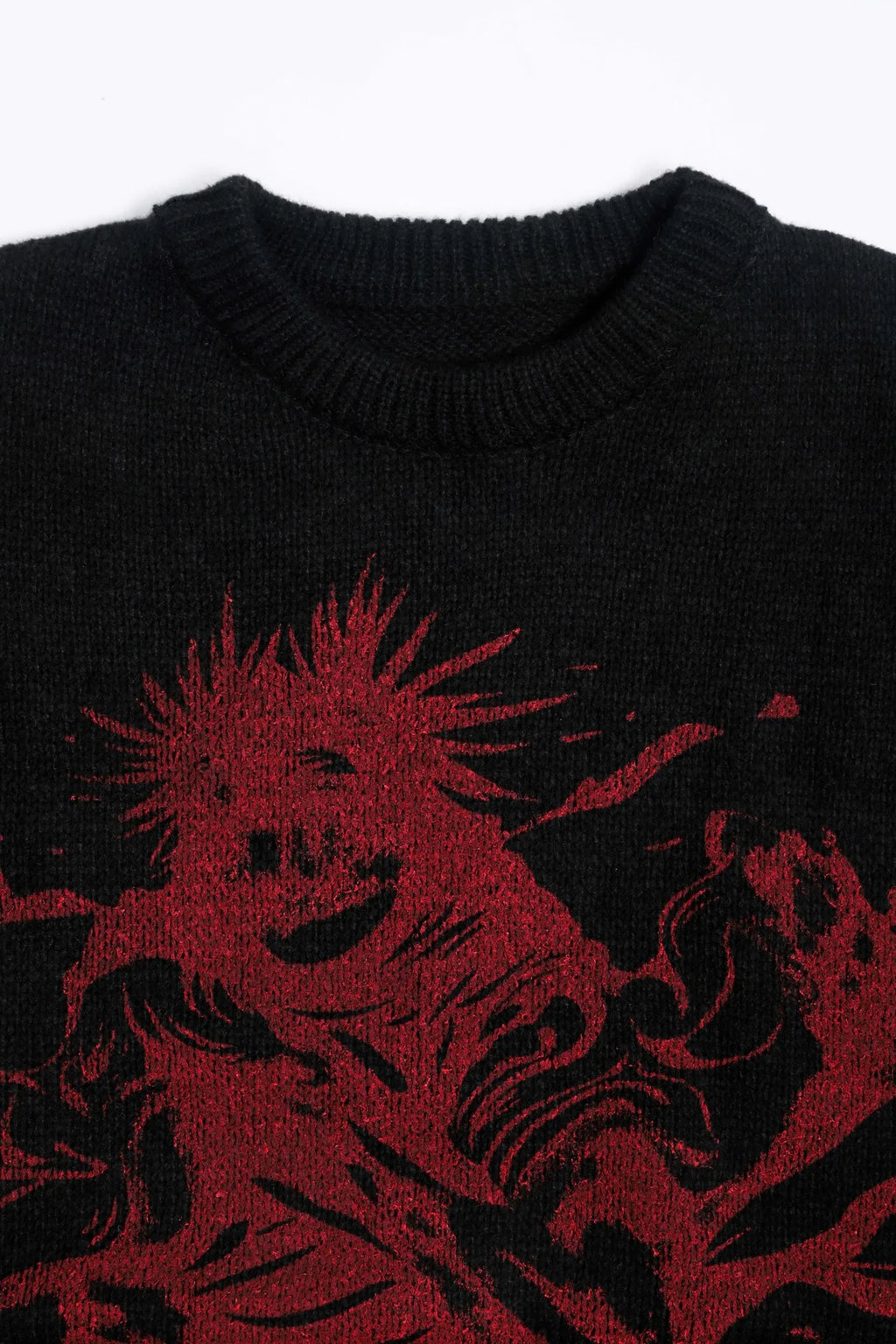 Men's Black Red Graphic Knit Sweater Crew Neck Oversized Casual Long Sleeve Pullover Streetwear