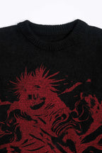 Men's Black Red Graphic Knit Sweater Crew Neck Oversized Casual Long Sleeve Pullover Streetwear